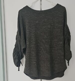 Green/Gray Knit Sweater with Ruched Sleeves